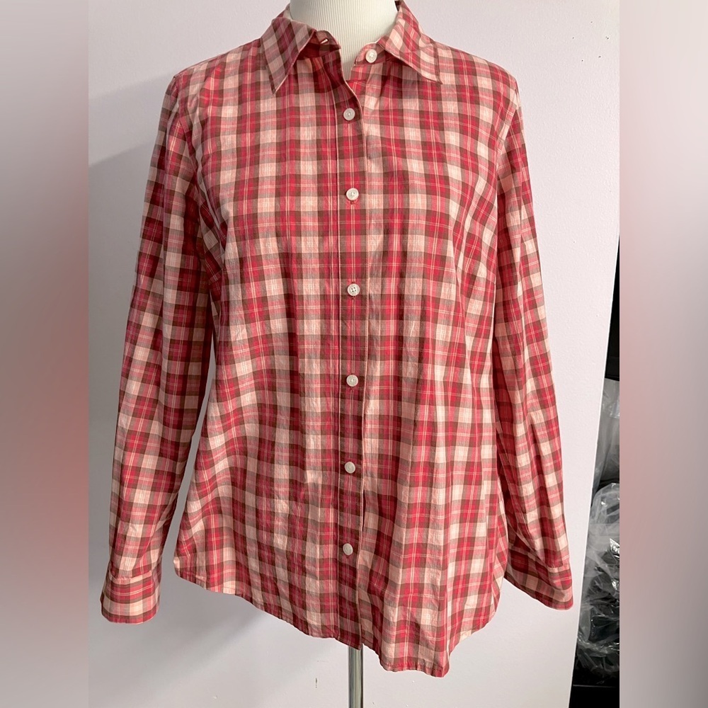 Izod Women’s Plaid Shirt/Blouse, XL, Pinks/Brown, Button Front, Long Sleeves